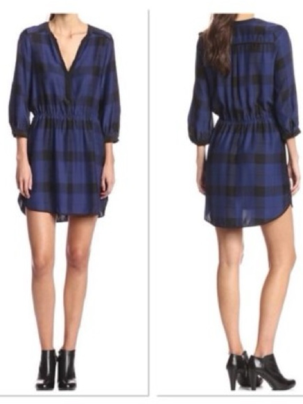 Parker Mallory Plaid Silk Dark Blue Blouson Dress Size XS